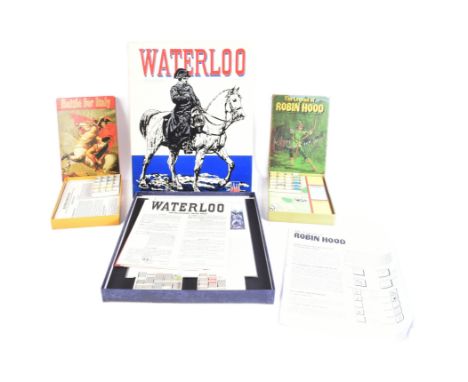 Three vintage Avalon Hill board games; 1962 'Waterloo' Napoleonic Campaign game containing playing pieces, playing sheets, in