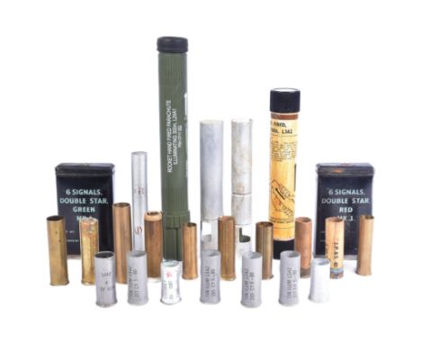 A collection of WWI First and WWII Second World War flare cartridges, x2 1945 dated signal tins, x2 parachute flares and laun