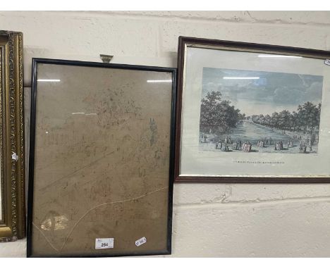 Reproduction coloured engraving of St James' Park and Buckingham House together with a print on fabric