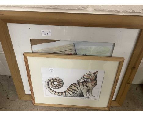 The Curious Cat with Tooth Hake, framed and glazed together with a print of chickens, framed and glazed
