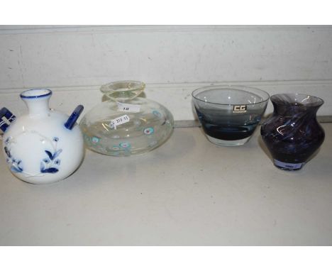 Mixed Lot: Squat Art Glass vase, a double handled blue and white porcelain vase and two other pieces (4)