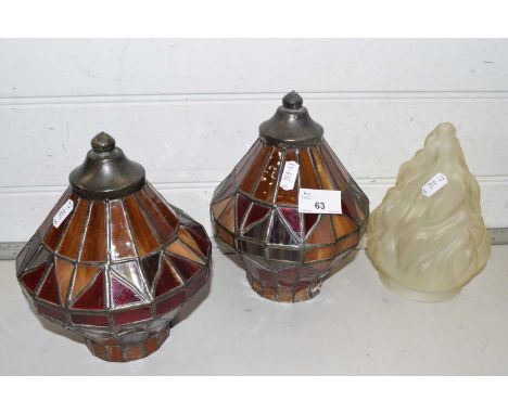 Pair of lead glazed light shades together with a further opaque glass light shade