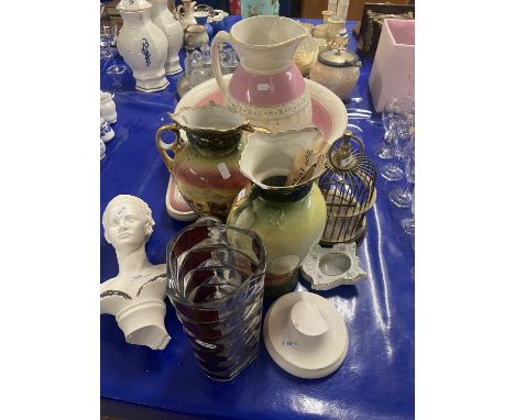 Mixed Lot: Small brass bird cage, plaster work bust, porcelain picture frame, Art Glass vase etc