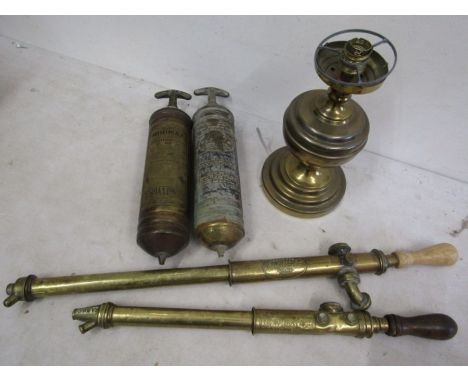Vintage brass sprayers, brass water hydrants and a brass oil lamp with conversion ( needs cable and plug)
