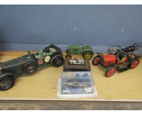 Model John Deer tractor, metal fire engine, 007 Austin Martin, Rolls Royce