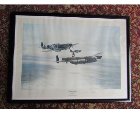After Robert Taylor framed and glazed "Memorial Flight" print hand signed in pencil by pilots Cheshire, Johnson and Townsend 