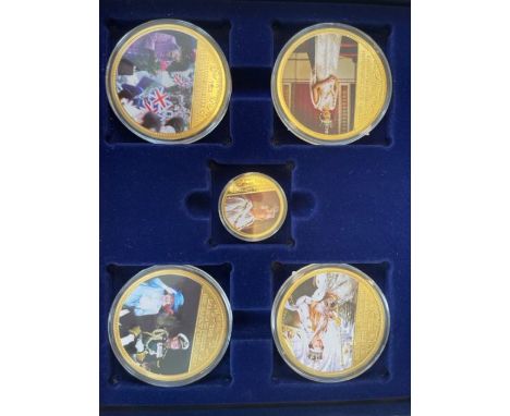 A set of 5 (4 x70mm) 'Diamond jubilee ERII) gold plated medallions in a box