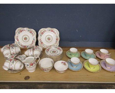 Copelands&nbsp; pastel tea cups and saucers x 6 and Grafton part tea set 12 cups and saucers, 11 side plates, 2 cake plates, 