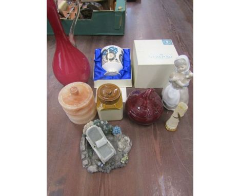 Coalport boxed commemorative mug, Nao figure, quartz lidded pot, glass jug etc