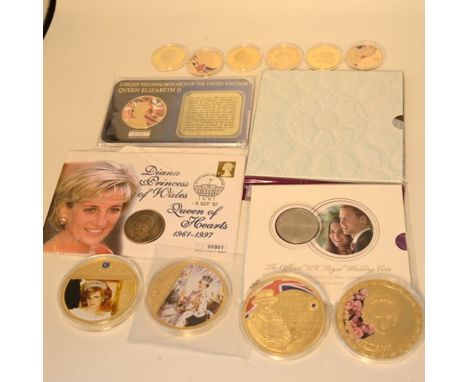 4 Medallions (2 Diana, 2 Elizabeth II) 7cm width. 6 Royal medallion/coins 4cm width all gold plated plus a longest reigning m