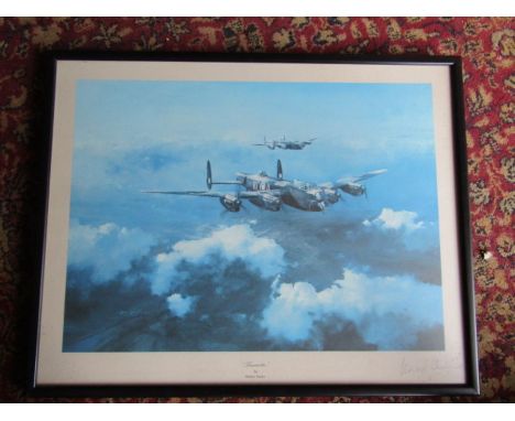 After Robert Taylor framed and glazed "Lancaster" print hand signed in pencil by pilot Leonard Cheshire 44cm x 55cm approx&nb