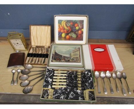 Cutlery sets, brass carriage clock and hip flask etc&nbsp;