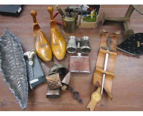 collectors lot to include opera glasses, hip flask, vintage shoes lasts, a boat lamp etc etc