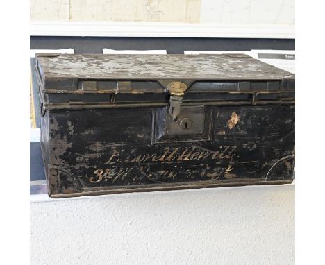 WW1 military metal trunk with " E Lovell Hewitt 3rd Wilsthire Reggiment" " hand painted on the front. Lieutenant Evelyn Lovel
