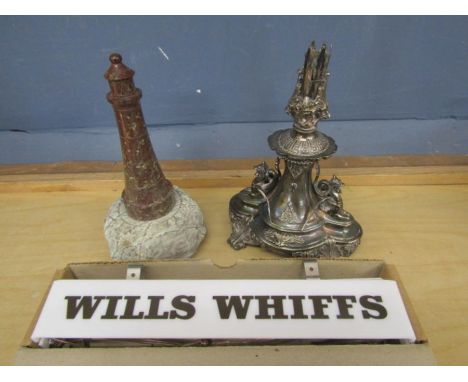 Wills Whiff light, Serpentine rock lighthouse, white metal part candelabra (stamped and signed at base)