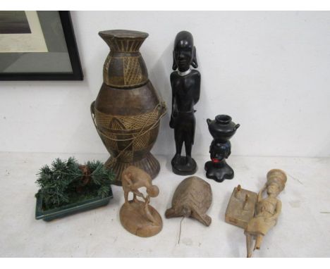 Wooden vessel, carved tribal figure, ceramic tribal figure etc