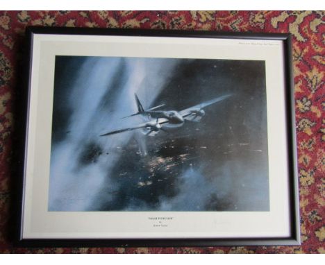 After Robert Taylor framed and glazed "Night Intruder" print hand signed in pencil by pilot Cunningham&nbsp; 36cm x 45cm appr