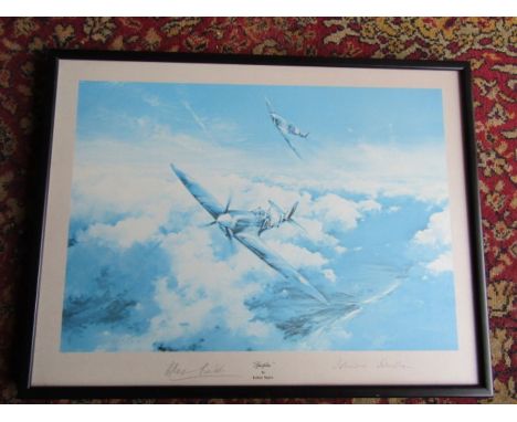 After Robert Taylor framed and glazed "Spitfire" print hand signed in pencil by pilots Douglas Bader and Johnie Johnson 42cm 