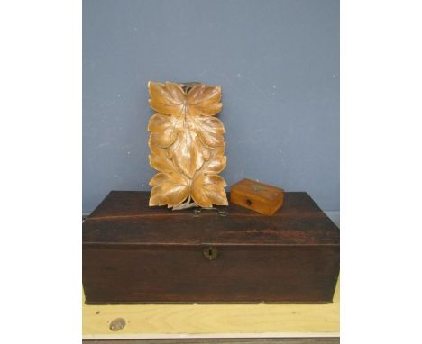 A Georgian oak Hymnal box together with a small light oak money box with brass slot and a walnut carved tray