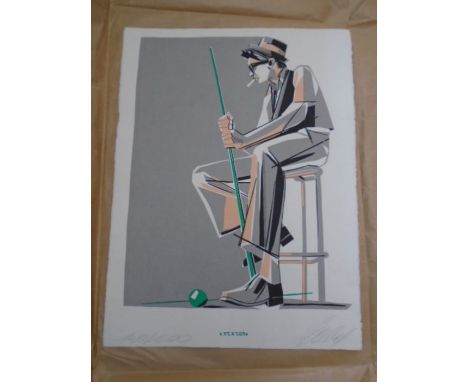 Signed limited edition silkscreen print on Arches aquarelle paper of a 1950's jazz style snooker/billiards player on a barsto