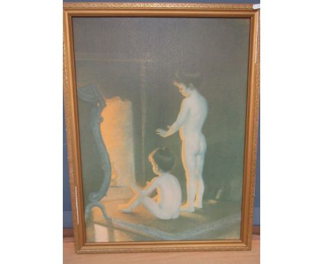 1970s print on board of children warming in front of the fire