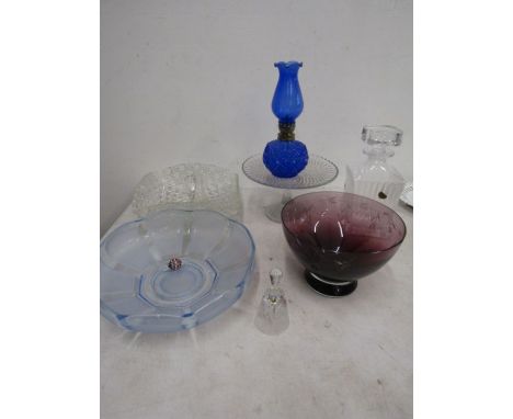 Purple etched bowl, blue glass oil lamp, blue dish, heavy decanter and glass sweet plus some other glass ware