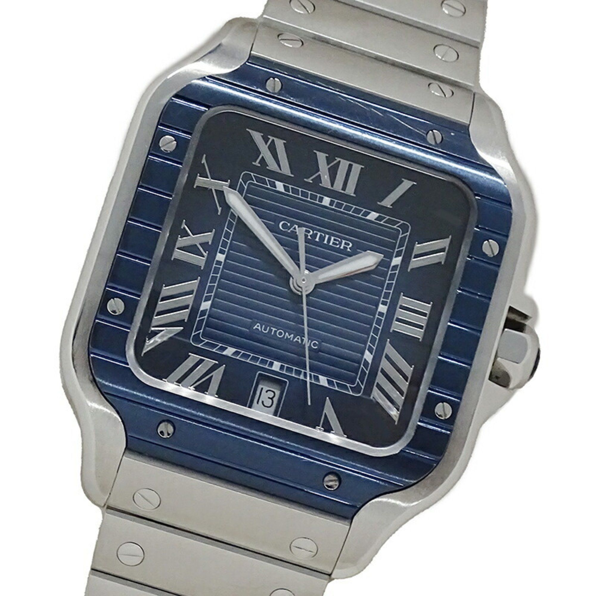 Cartier Men's Watch Santos de LM Date Automatic AT Stainless Steel SS WSSA0048 Silver Blue Spare Str