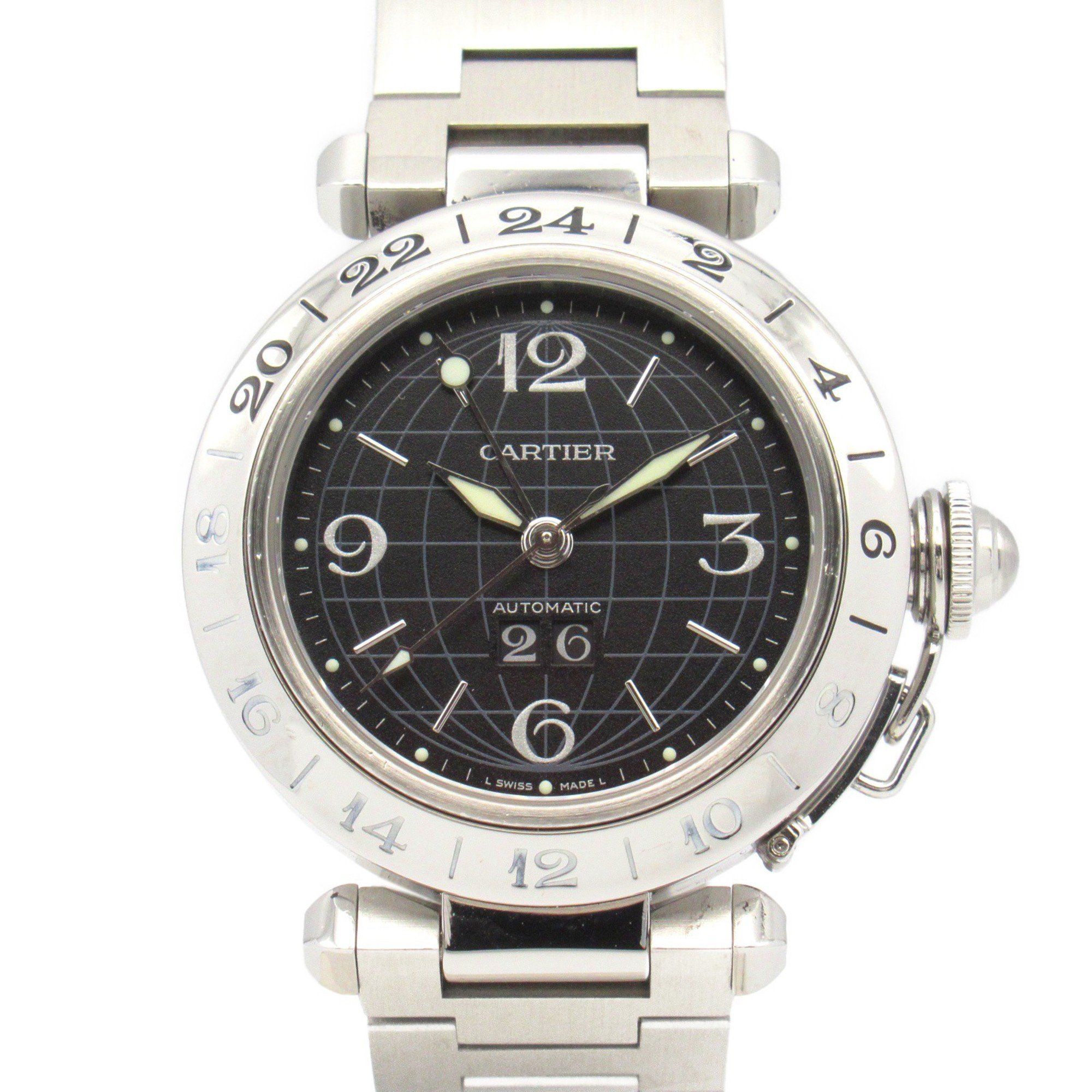 Cartier Pasha C Meridian GMT Watch Stainless Steel Boys Black W31049M7