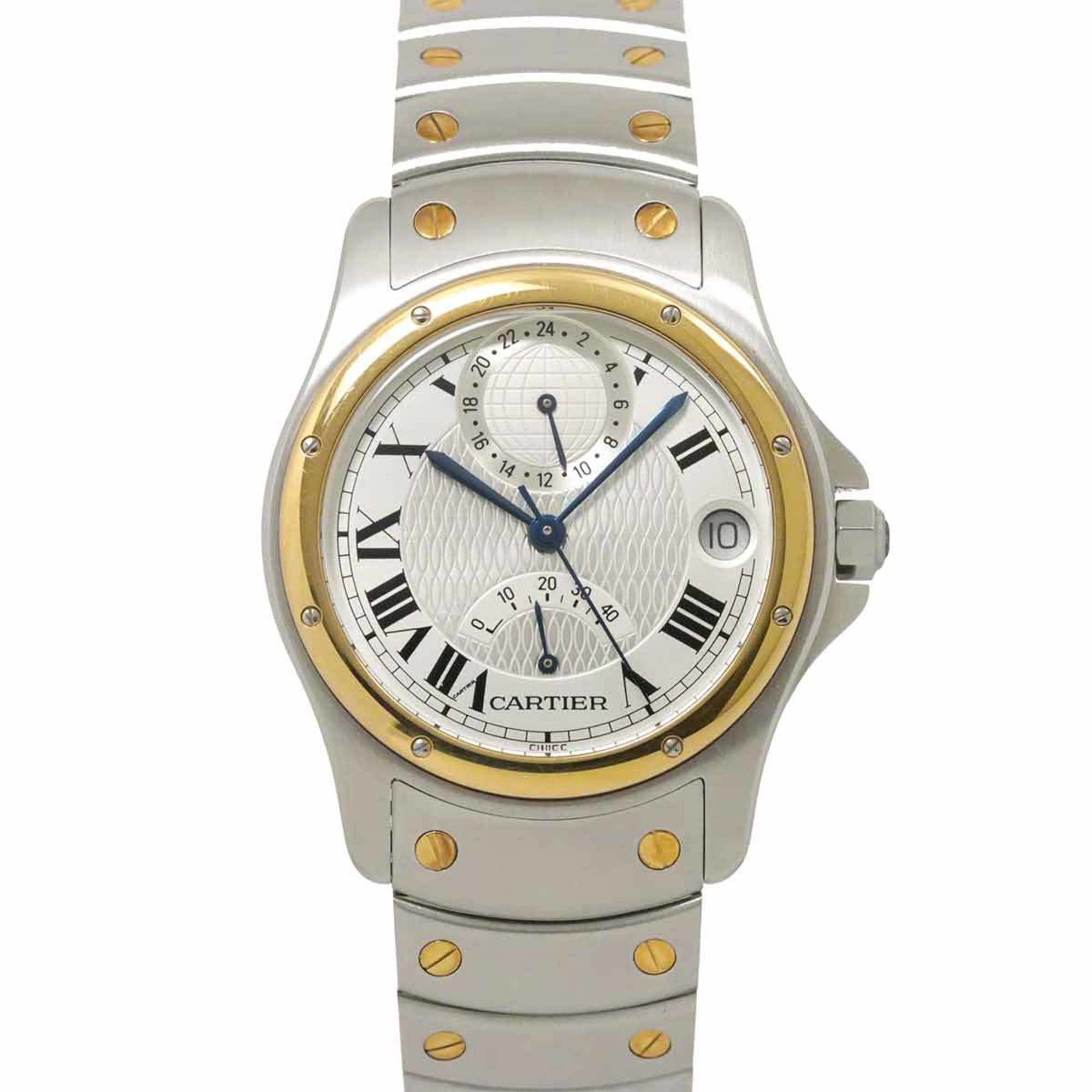 Cartier Santos Round GMT Combi W20038R3 150th Anniversary Date Men's Watch Silver YG Yellow Gold Aut