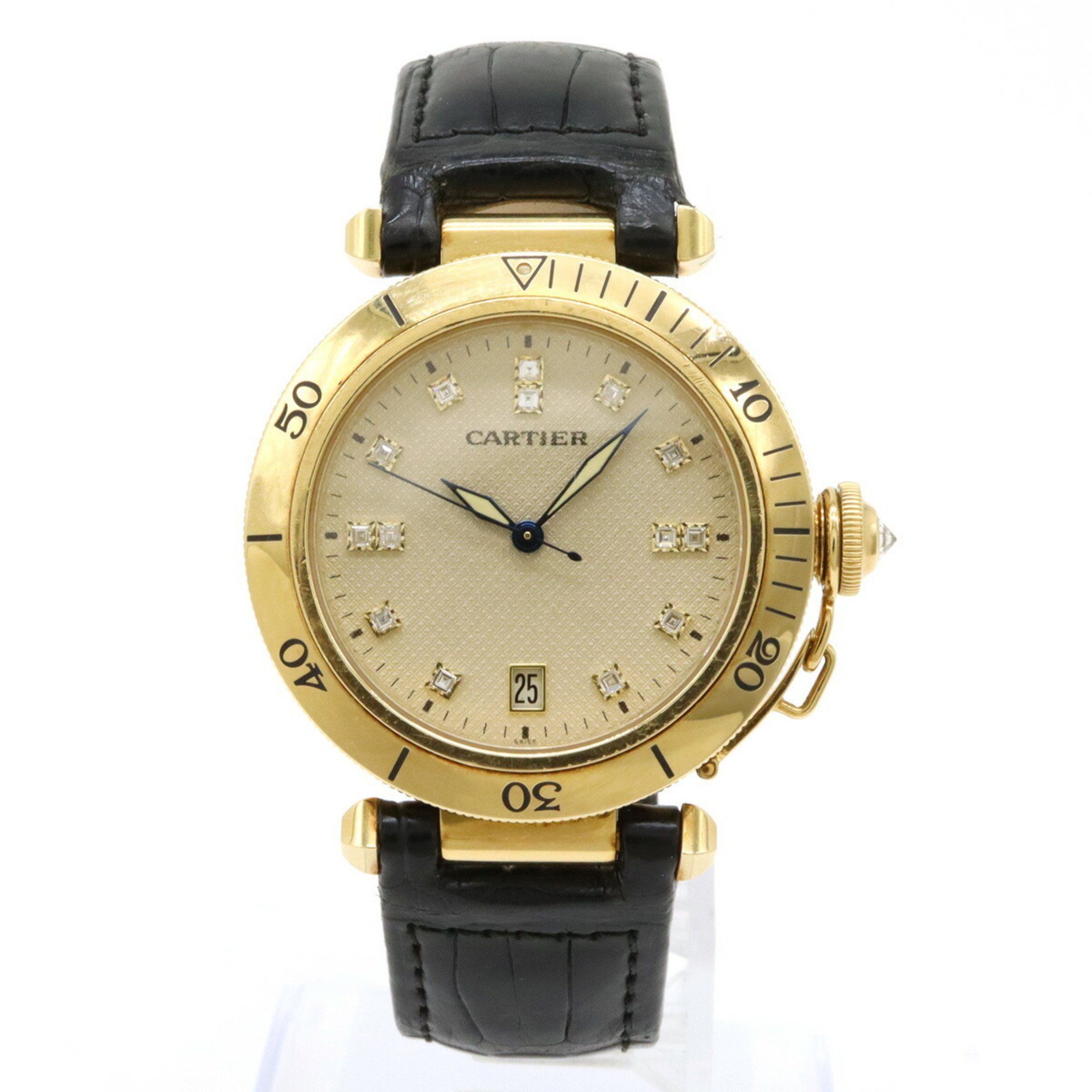 Cartier Pasha Ivory Guilloche Dial 18K Yellow Gold Diamond AT Automatic Men's Watch W3010451