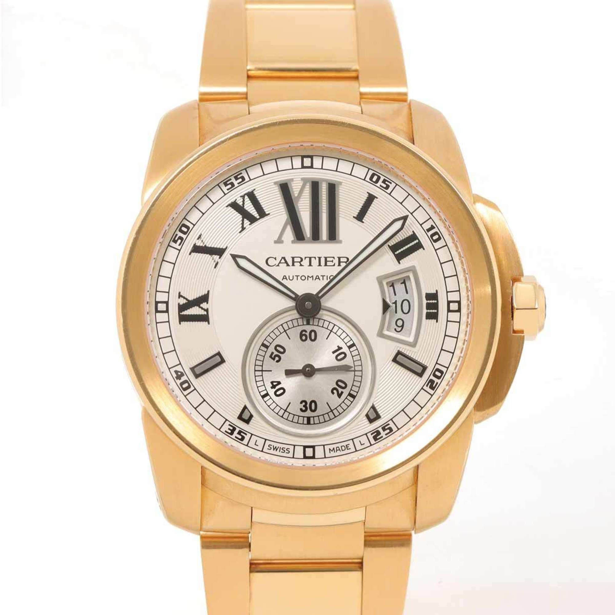 Cartier Calibre de W7100018 Men's Watch Date Silver K18PG Pink Gold Solid Automatic