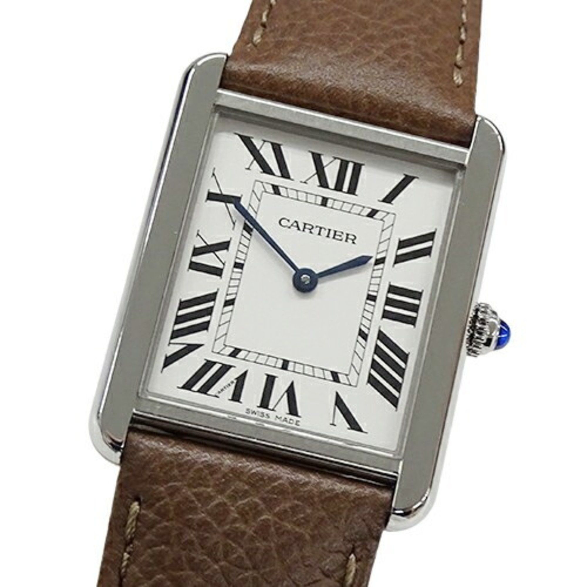 Cartier Tank Solo LM Men's Watch Quartz Stainless Steel Leather WSTA0028 Silver Brown Square Polishe