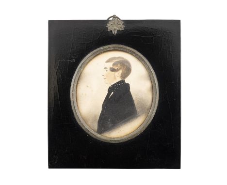 VICTORIAN SCHOOLMiniature Profile Portrait of a Young Gentleman Watercolour, oval, 10 x 8.3cm