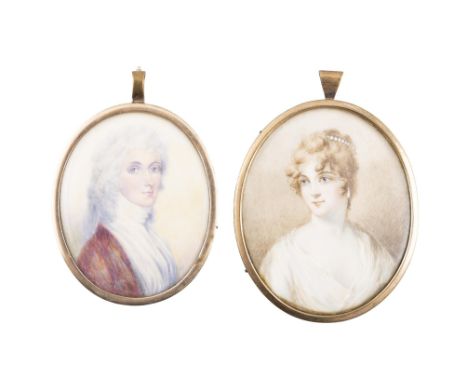 ENGLISH SCHOOL (19TH CENTURY)Miniature Portrait of a Young Lady in Silk Dress Oval, 7.5 x 6cm Together with a miniature portr