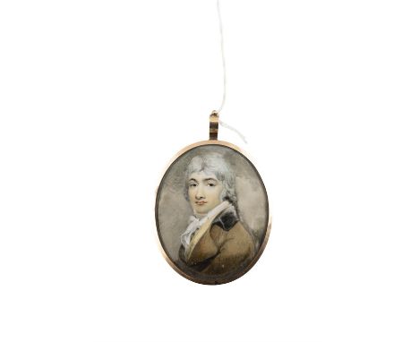 ENGLISH SCHOOL LATE 18TH CENTURYMiniature Portrait of a Young Lady, Wearing a Brown CoatOval, 7 x 6cmSet within a yellow meta