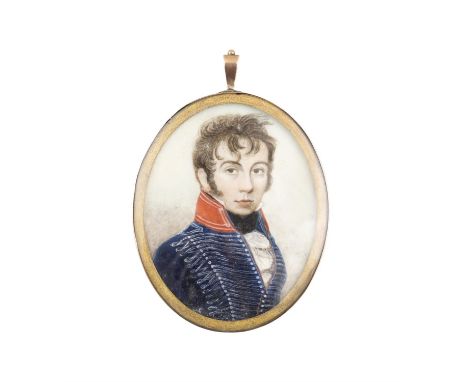 BONDMiniature Portrait of a young man in Hussar uniform Oval, 6 x 5cm Inscribed verso