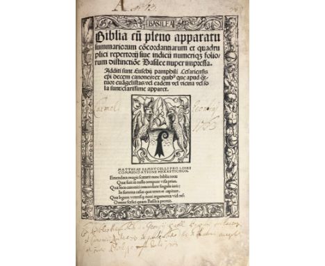 BIBLIA LATINA -- BIBLIA cu[m] pleno apparatu summariorum co[n]cordiantiarum et quadruplici repertorii (…). (Basel, J. Froben,