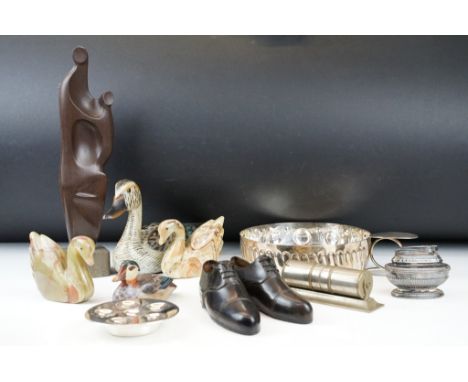 Mixed collectables to include a wooden decoy duck (approx 21cm long), oversized silver plated tastevin, perpetual desk calend