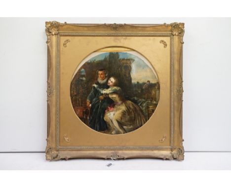 Continental School, portrait of two ladies in Medieval dress with Classical backdrop, oil on board, 39 x 39cm, gilt framed 