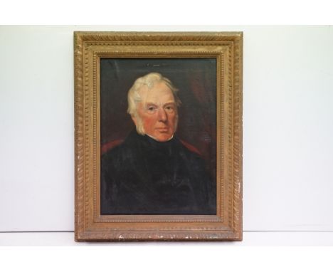 19th Century English School oil on canvas portrait of a gentleman wearing a black jacket, with white collar, approx 60cm x 44
