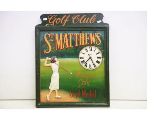 St Matthews Golf Club ' Members Only Gold Medal ' painted wooden wall clock, with relief decoration of a female golfer, batte