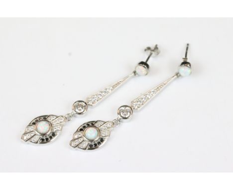 Pair of Silver CZ and Opal Art Deco style Drop Earrings 