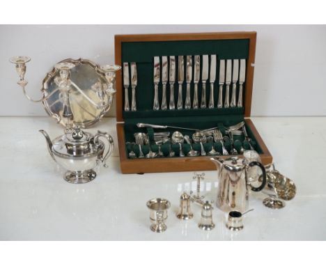 Collection of mixed silver plate to include a canteen of cutlery, Viners three-light candelabra (29.5cm high), teapot, salver