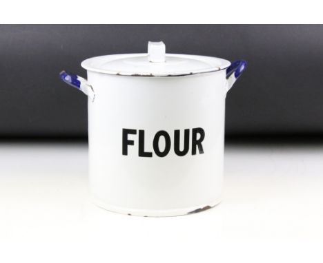 Vintage White enamel flour bin &amp; cover, twin-handled, with black lettering. Approx 24cm high 