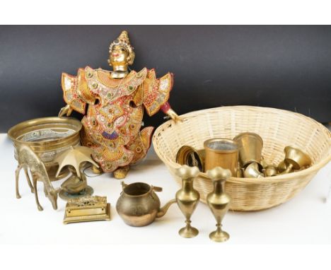 Collection of mixed brassware (featuring stamp box, vases miniature candlesticks, novelty money box, etc), together with a Th