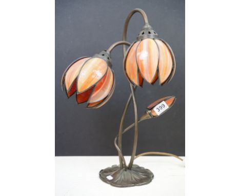 Art Nouveau style Christoper Wray solid brass ' Lotus ' table lamp with two opaque glass shades and side bulb, above a lily p