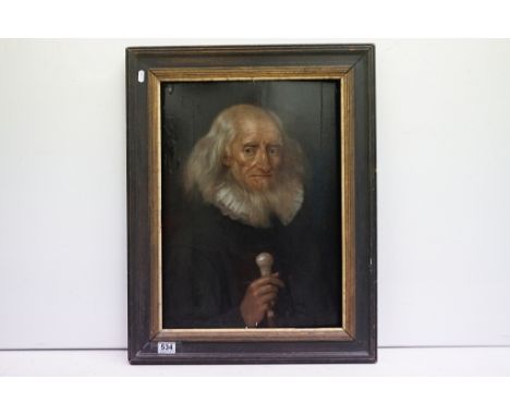 Late 17th / early 18th century oil on panel portrait of an old gentleman wearing ruff, holding a silver-topped cane, approx 4