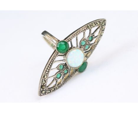 Silver Dress Ring in the Art Nouveau style with central Opal panel 