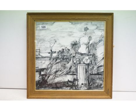 Framed Signed Ink Drawing of a Surrealist Classical scene with Plinth and Sculpture, 43 x 43cm 