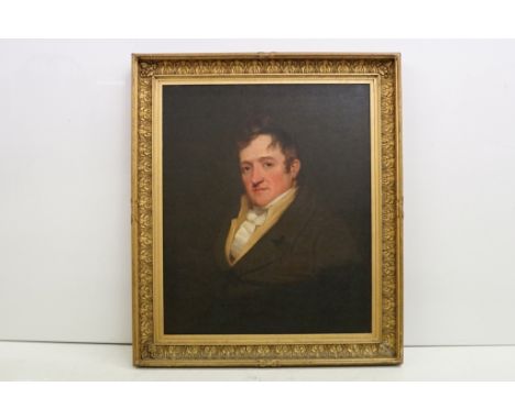 English School, head and shoulders portrait of a gentleman, oil on canvas, 74 x 62cm, gilt framed, label verso for Phillips 9
